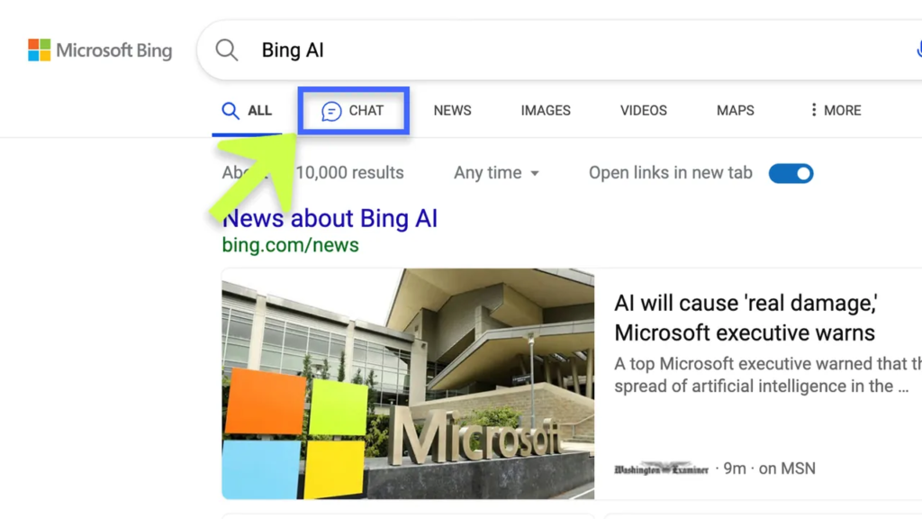 Select the Chat tab when using Bing.com
