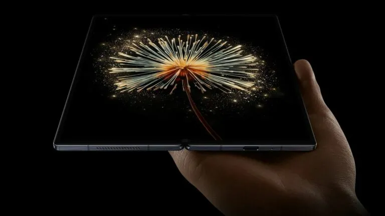 A marketing render of the Xiaomi Mix Fold 3 open in someone