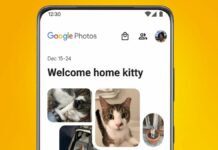Un teléfono Android sobre fondo naranja mostrando la nueva función Google Photos Memories