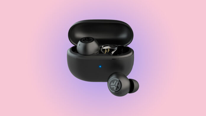 Image of JLab Go Pop ANC wireless earbuds in a charging case Image of JLab Go Pop ANC earbuds close-up with features