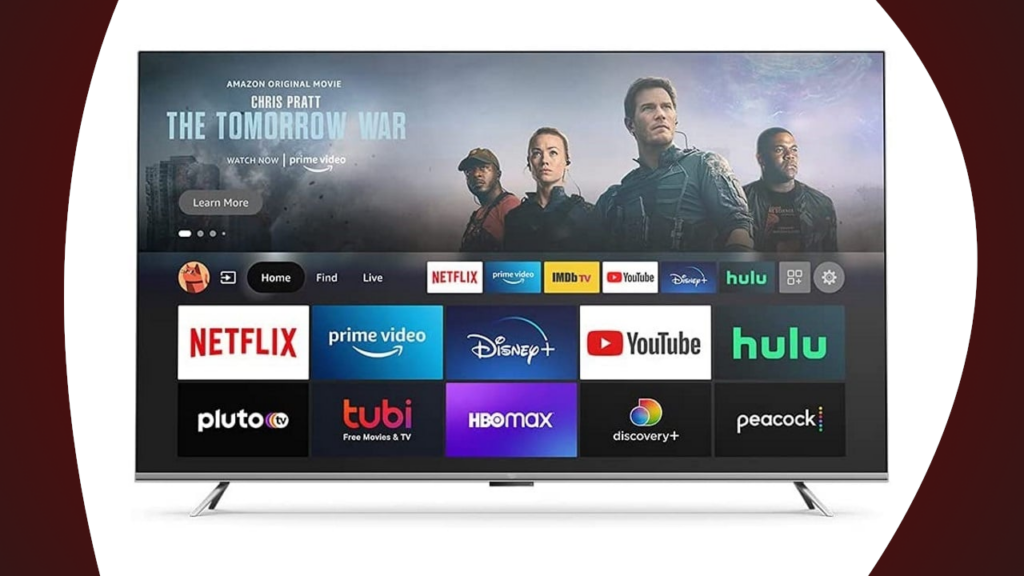 Amazon Fire TV home screen displaying popular streaming apps like Netflix, Prime Video, Disney+, and Hulu, with a featured banner for 'The Tomorrow War'