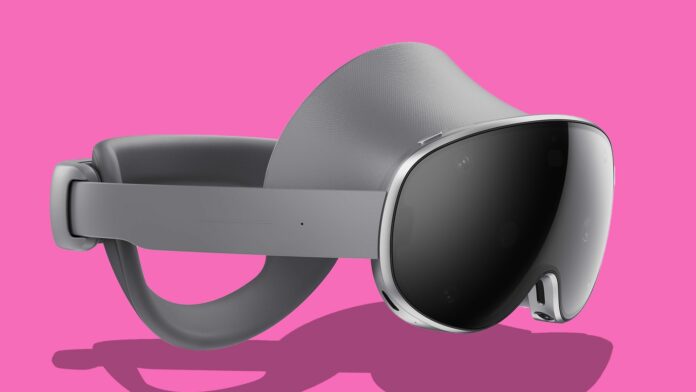 Samsung Galaxy XR front three-quarters view on a pink background