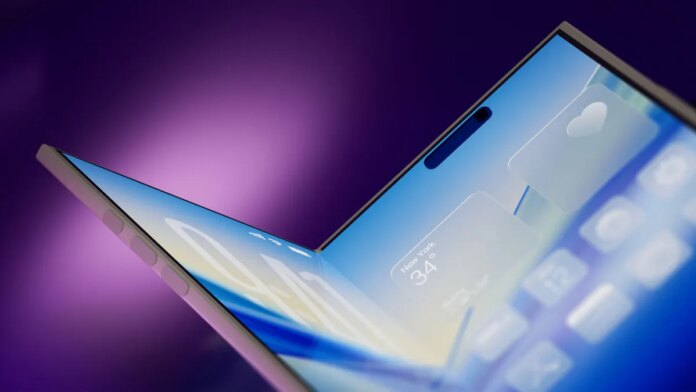 Apple Rumored to Launch 3 New iPhone Designs in Next render of a foldable phone with a blue screen against a purple background