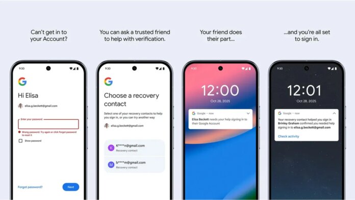 A four-screenshot image showing Google&apos;s Recovery Contacts process