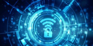 A stylized depiction of a padlocked WiFi symbol sitting in the centre of an interlocking vault.