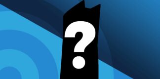 A white question mark on top of a black PS5 console silhouette with a blue background