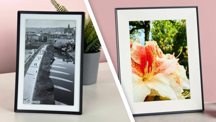 A side-by-side comparison of the Pexar 11-inch Digital Picture Frame featuring a black and white bridge and the Aura Aspen featuring a colorful rhododendron blossom.