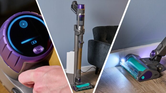 Three detail photos of the Shark PowerDetect Cordless vacuum in a living room