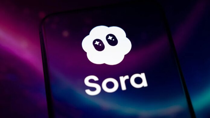 OpenAI's Sora Is Getting Another Wave of New Features, Including The Sora app logo appears on a smartphone screen, reflecting an abstract illustration in pink and blue.