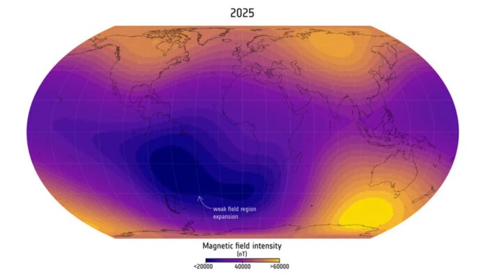 There's a Growing Weak Spot in Earth's Magnetic Field. What A heat map showing the intensity of Earth's magnetic field