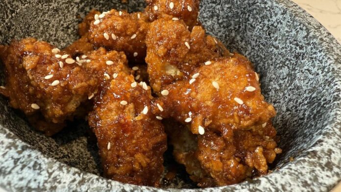 Air fryer sesame chicken with sesame seeds