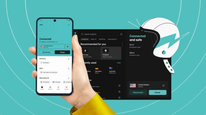 Graphic representing Surfshark VPN working on a desktop and smartphone.