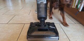 Person using Roborock F25 Ace Combo mop in a home with dogs running around
