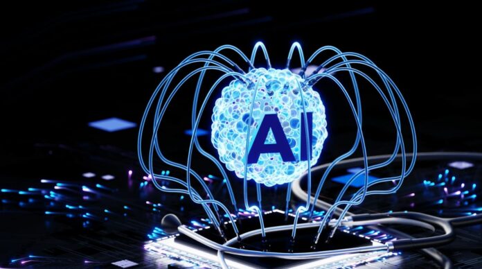 A glowing AI symbol hovers above a detailed CPU and circuit board.