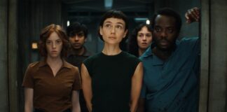 Nibs, Slightly, Wendy, Curly, and Smee standing close together in Alien: Earth season 1 episode 8