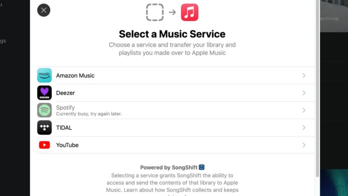 Apple Music&apos;s transfer song options with different music platforms shown.