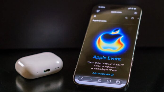 An iPhone with an Apple Event page displayed showing the Apple logo rendered like a heat map.