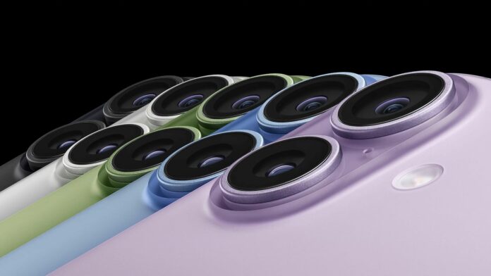 The iPhone 17 camera system in a range of colors.