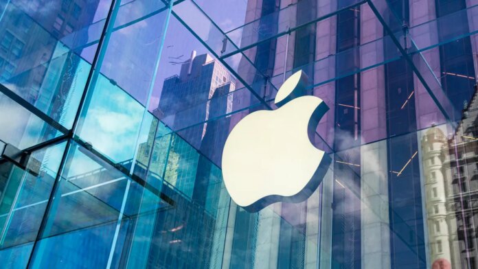 Apple logo on a glass building