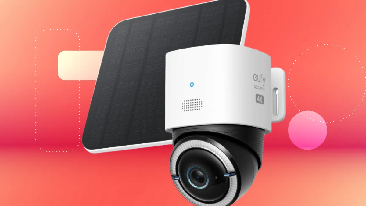 A eufy 4G LTE Cam S330 against a CNET background.