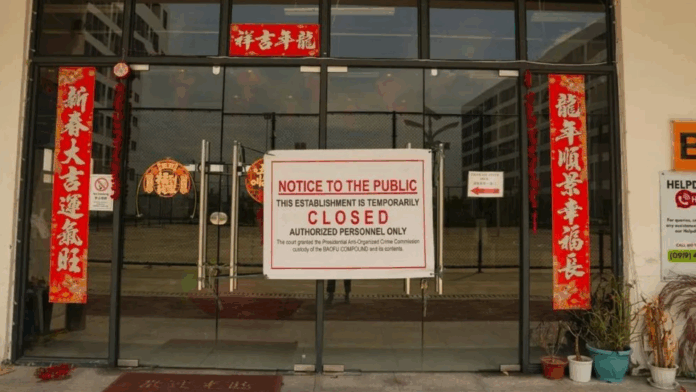 The entrance to a scam compound in Bamban, the Philippines, that was raided in March 2024.