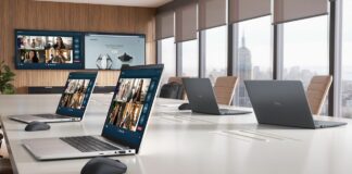Dell business laptops on a table in a conference room.