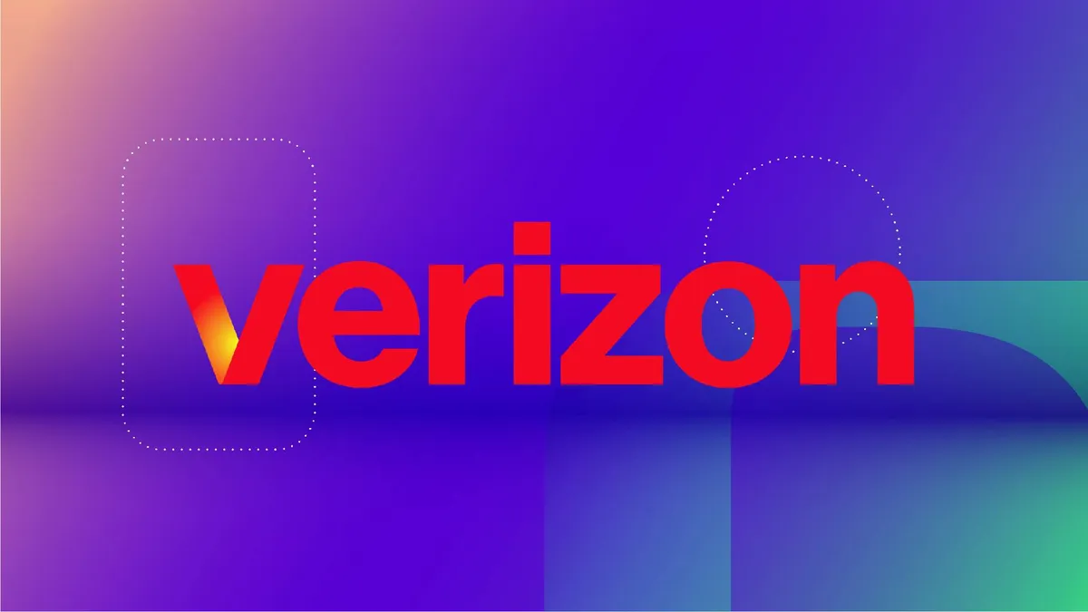 A red Verizon logo against a purple gradient CNET background.