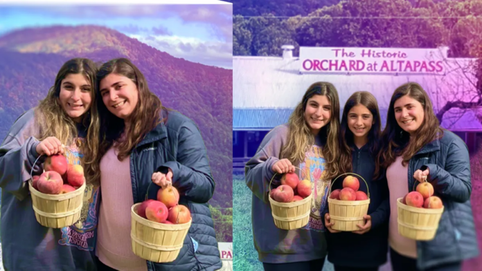 two images side by side. the left is the original with two dark haired girls smiling holding buckets of apples in front of a mountain. the right image is AI-edited to include a third dark haired woman