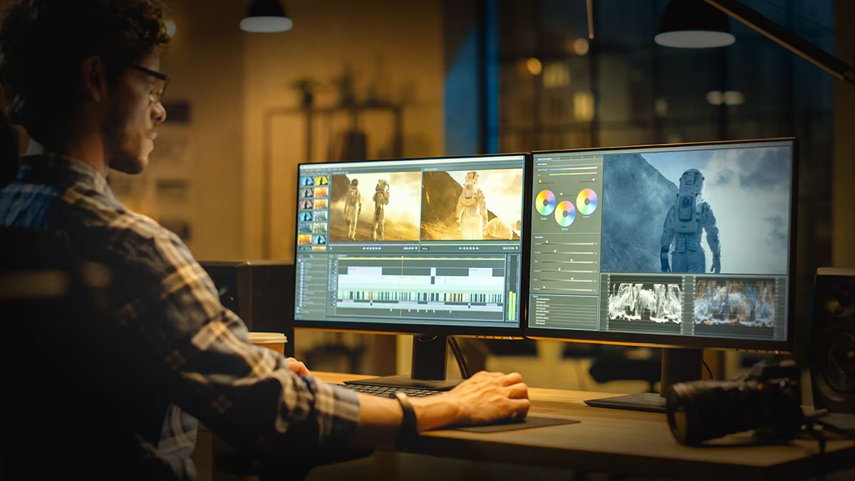 A man sitting at a workstation powered by an AMD Threadripper 9000-series CPU