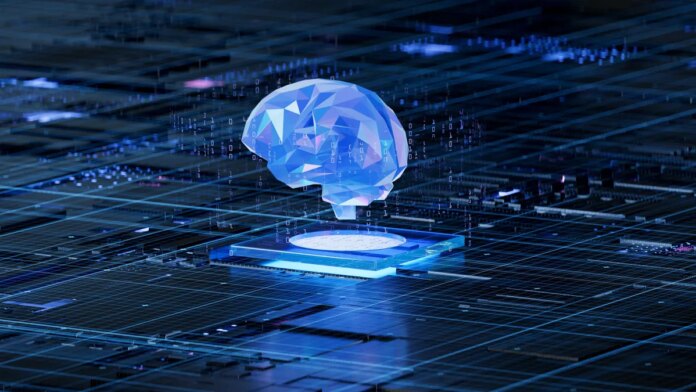 AI brain on circuit board symbolizes cognitive computing and technological intelligence. 3d rendering, conceptual image.