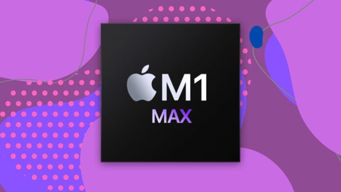 The M1 Max logo against a funky purple backdrop