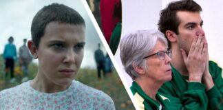 Eleven in Stranger Things on the left and two Squid Game: The Challenge contestants on the right