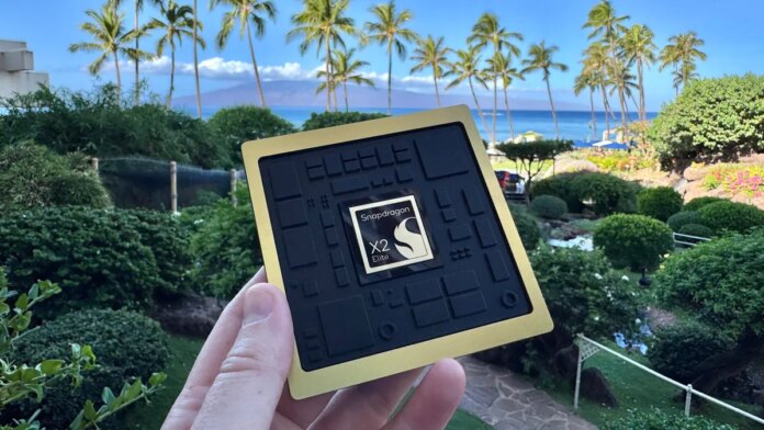 A mock-up of a PC chip against a tropical background.