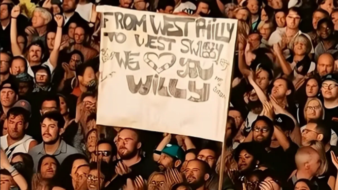 AI-generated crowd image with sign held up