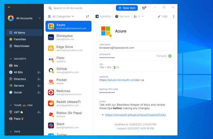 1Password app in Windows 11 providing passkey support for Microsoft apps.