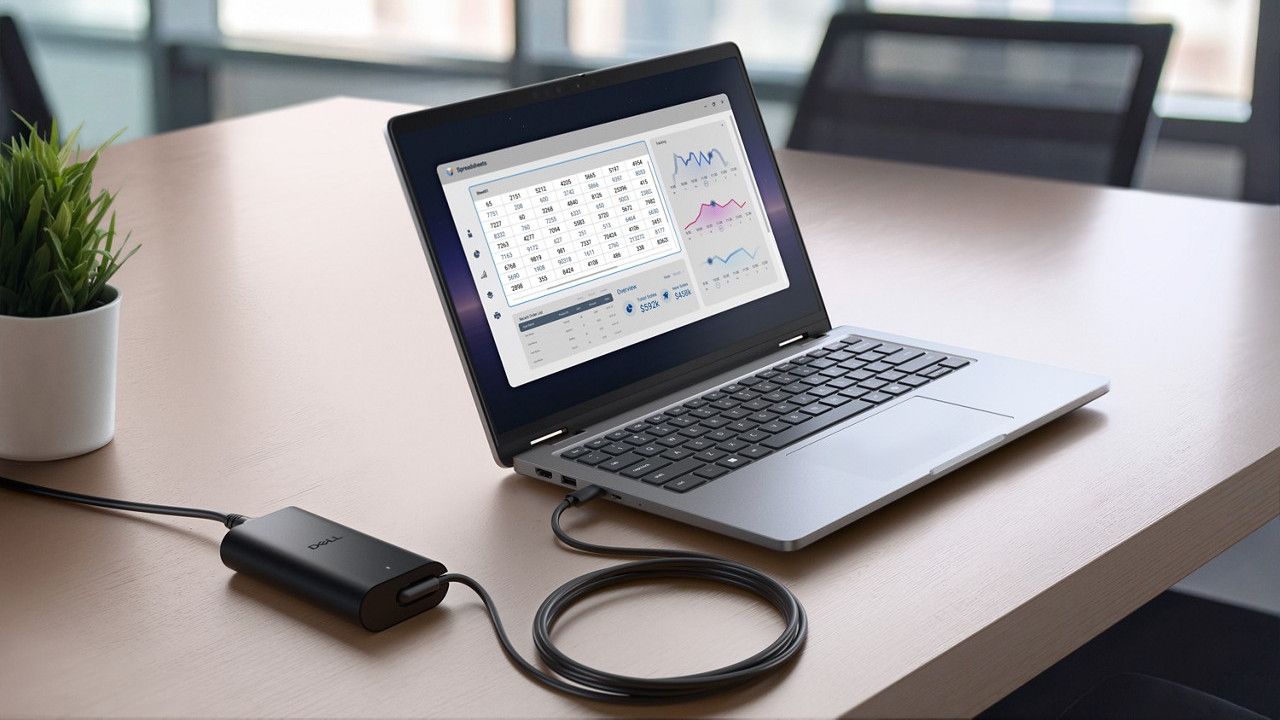 Dell 14 Plus Laptop on desk with cable connected