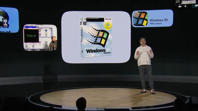 Microsoft 50th Anniversary event Windows 95 and Mustafa on stage