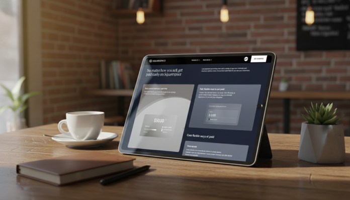 Squarespace paylink information on a tablet in a coffee shop 