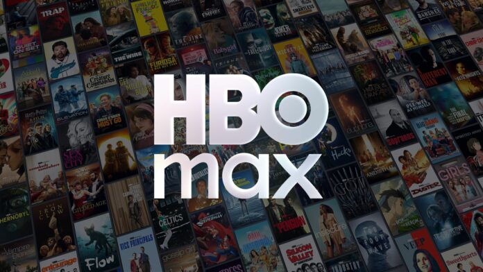 The HBO Max logo in front of a collage of its latest titles