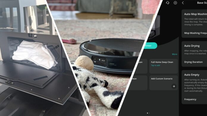 A dust bag in a dock (left), a robot vacuum avoiding a toy (center) and a screenshot from a companion app (right)