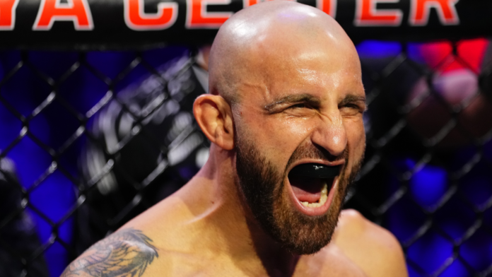 Alexander Volkanovski of Australia prepares to face Diego Lopes of Brazil in the UFC featherweight championship bout during the UFC 314 event at Kaseya Center on April 12, 2025 in Miami, Florida.