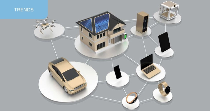 Connected device ecosystem illustration showing smartphone integration with smart home and wearables