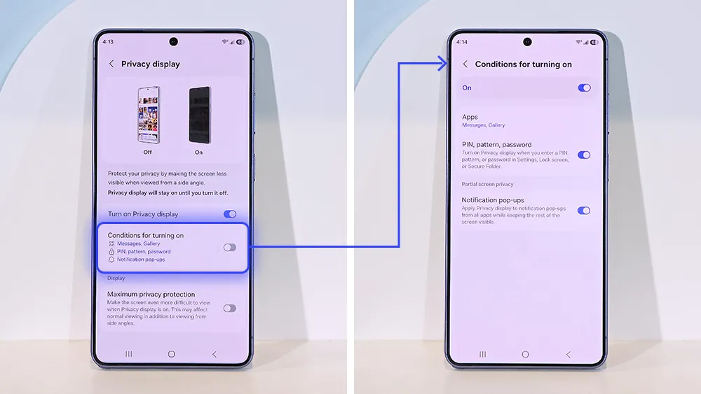 Samsung Galaxy S26 Ultra Privacy Display settings menu showing privacy protection level options in One UI 8.5
