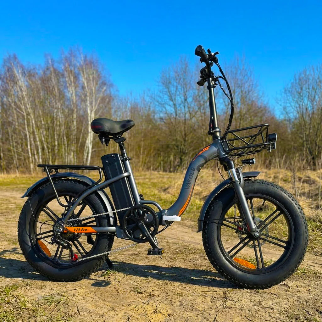 Vakole Y20 Pro low step-through folding fat electric bike full side view silver grey