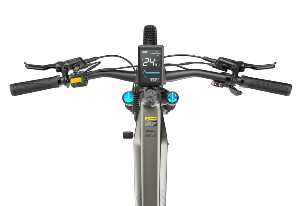 Lankeleisi MG600 Pro LCD display and handlebar controls showing PAS level and battery status