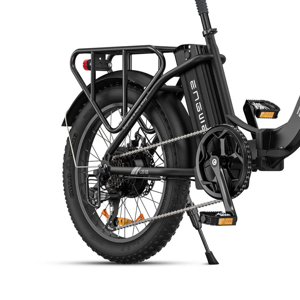 Engwe L20 SE battery seat post removal mechanism and front suspension fork detail