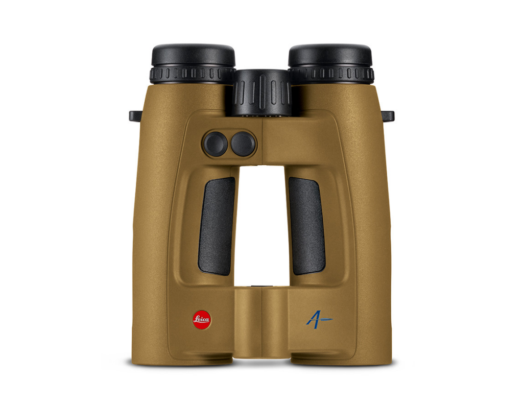 Leica Geovid Pro 10x42 AB+ rangefinder binoculars in Flat Dark Earth finish, front view showing Perger-Porro prism housing