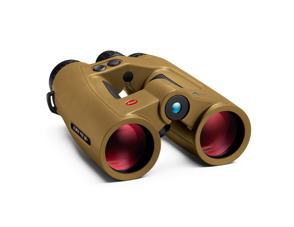 Leica Geovid Pro 10x42 AB+ side profile showing laser ranging controls and diopter wheel on the magnesium housing