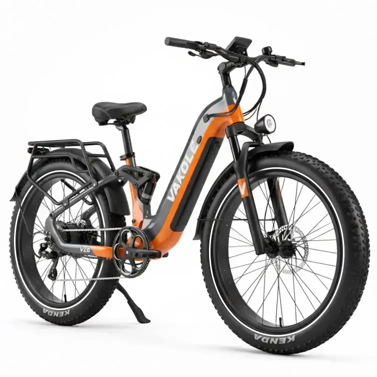 Vakole V26 full-suspension fat electric bike side profile orange