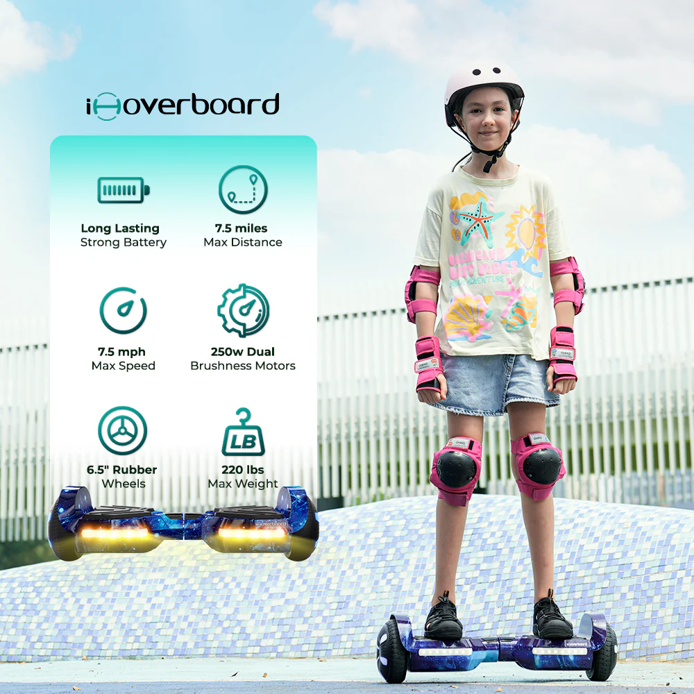 child riding iHoverboard H2 hoverboard on smooth pavement